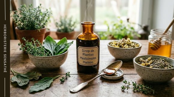 Sirop de plantes médicinales maison préparé avec une infusion concentrée et du miel - Herboristerie Sensathé Sirop de plantes médicinales maison préparé avec une infusion concentrée et du miel - Herboristerie Sensathé